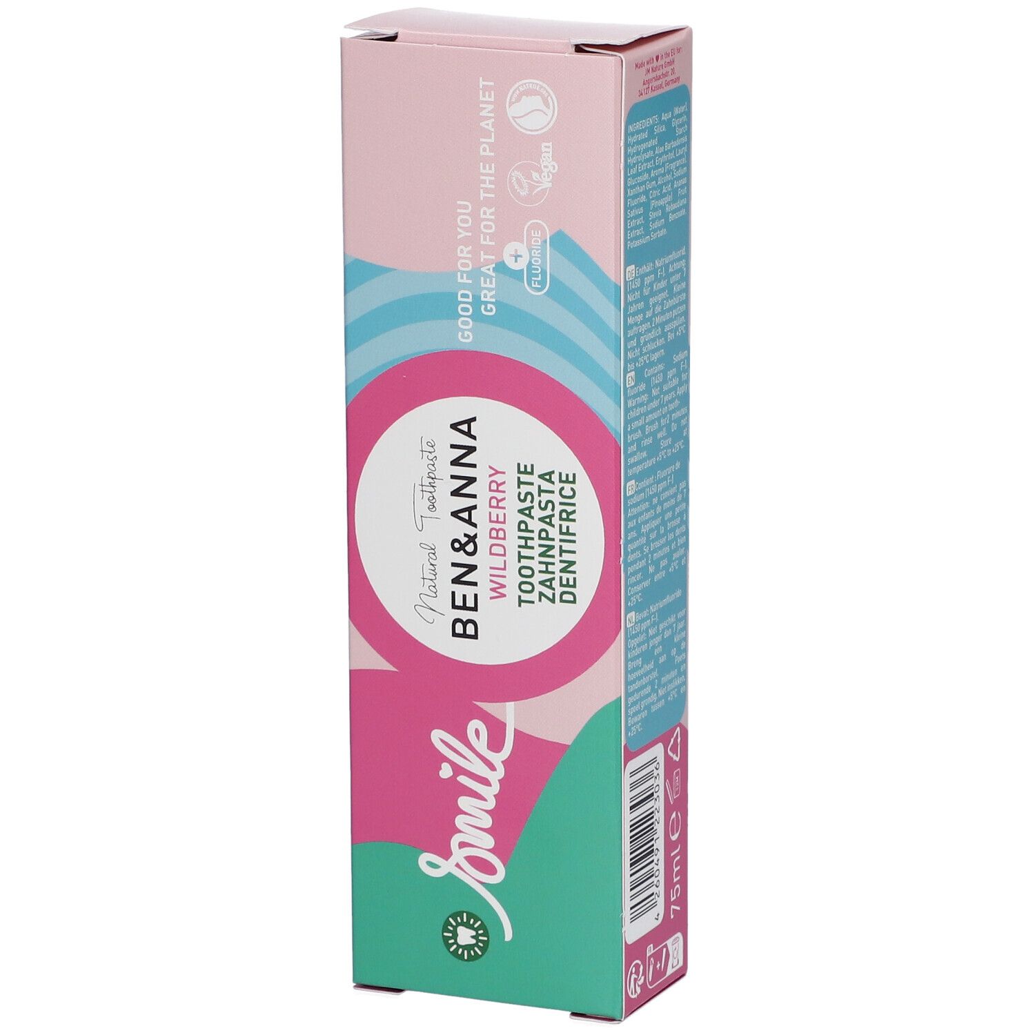 Emballage de dentifrice en biais. Design rose et blanc avec nom et logo du produit. Inscription 'Smile' et '75ml'.