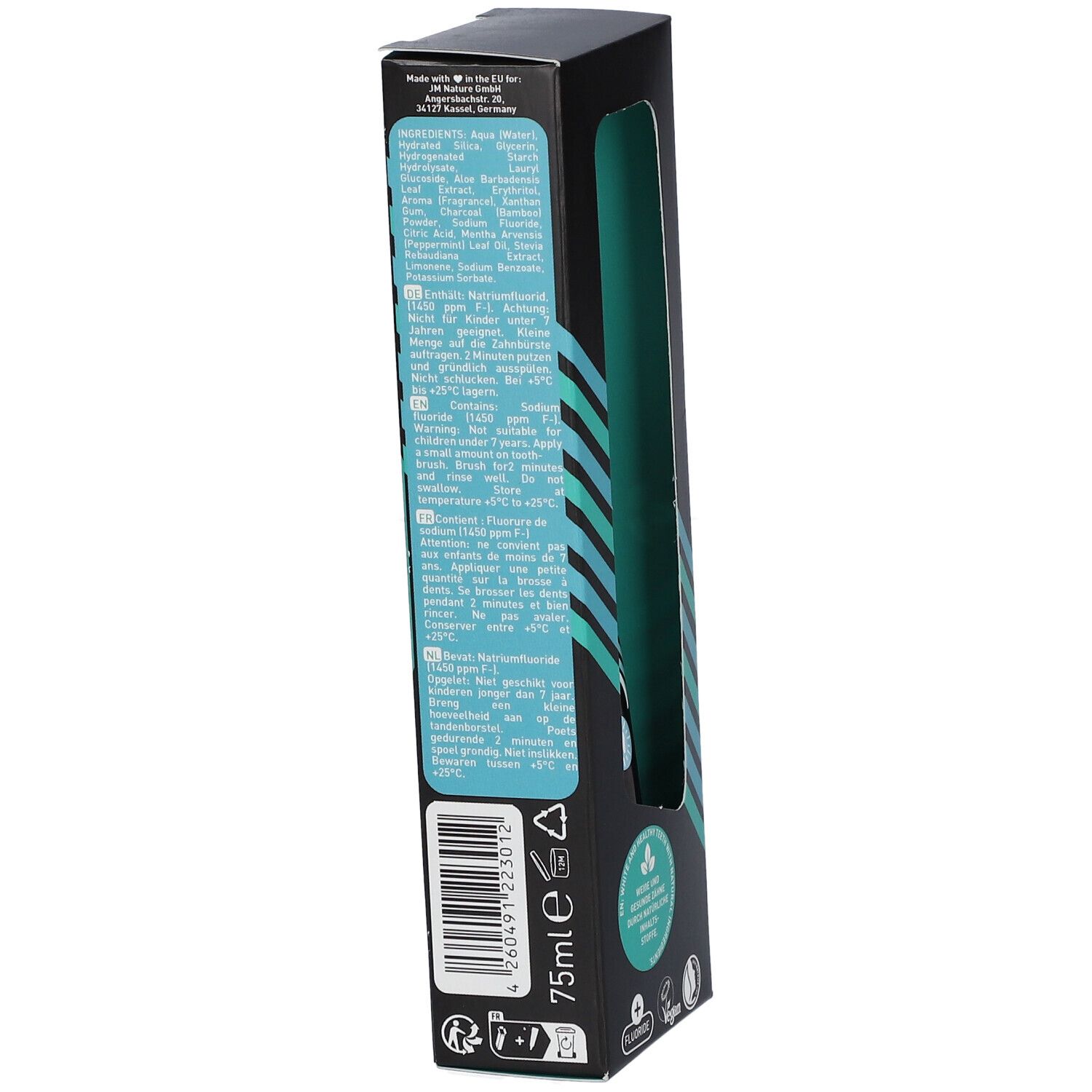 Dos de la boîte de dentifrice. Texte avec ingrédients, avertissements et certifications. Volume : 75 ml.