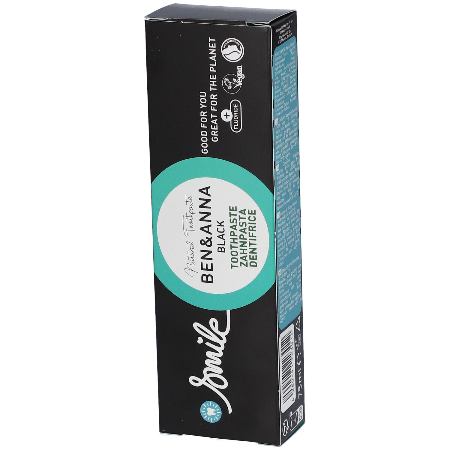 Boîte de dentifrice, marque Ben & Anna. Inscription : Black, Dentifrice, Smile. Avec fluorure et label Vegan.