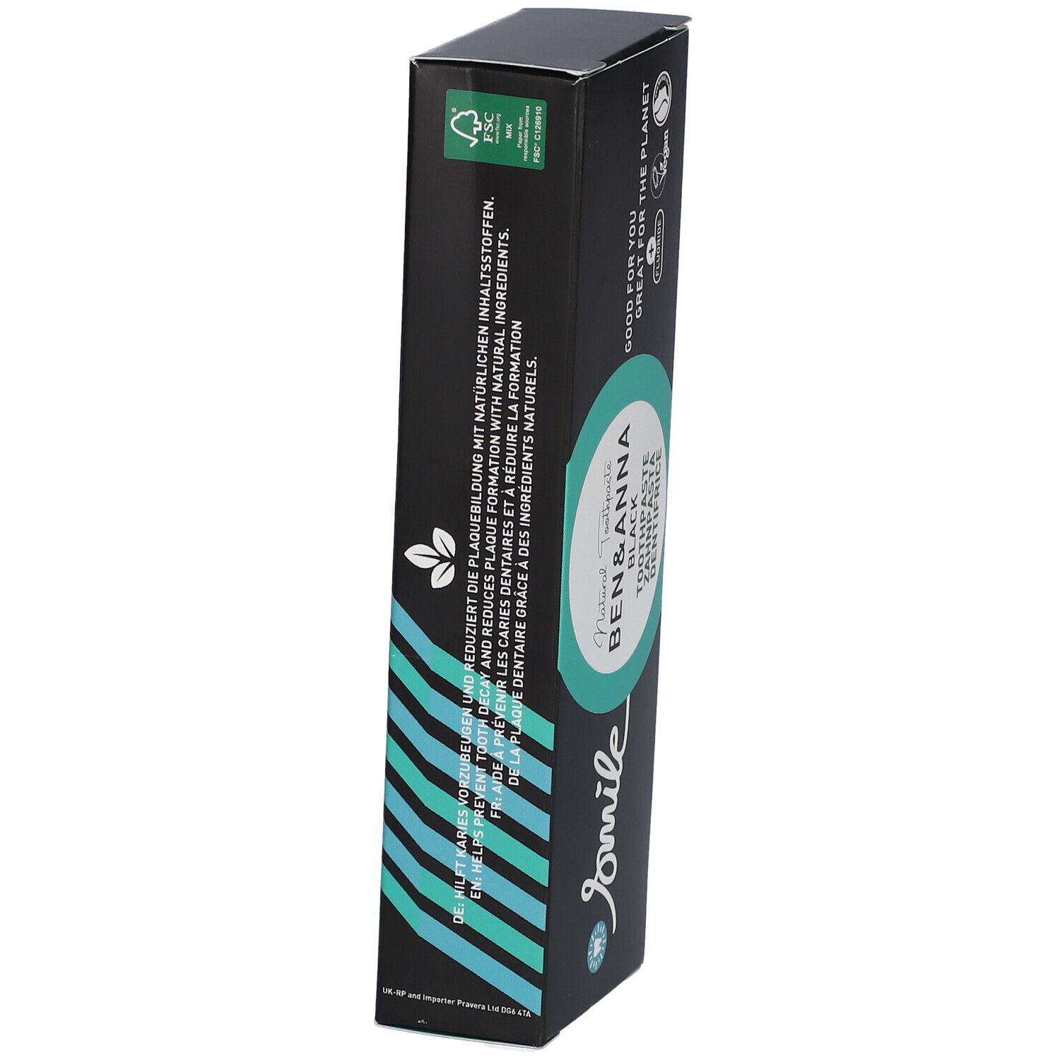 Boîte de dentifrice, côté avec texte. Réduit la formation de plaque. Avec des ingrédients naturels. Label FSC.