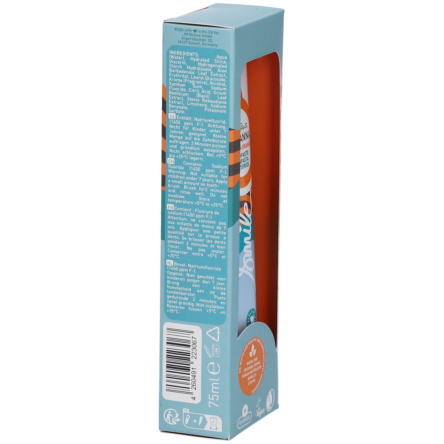 Dos de la boîte de dentifrice. Ingrédients, informations fabricant, 75ml, label Vegan, symbole fluor, code-barres.