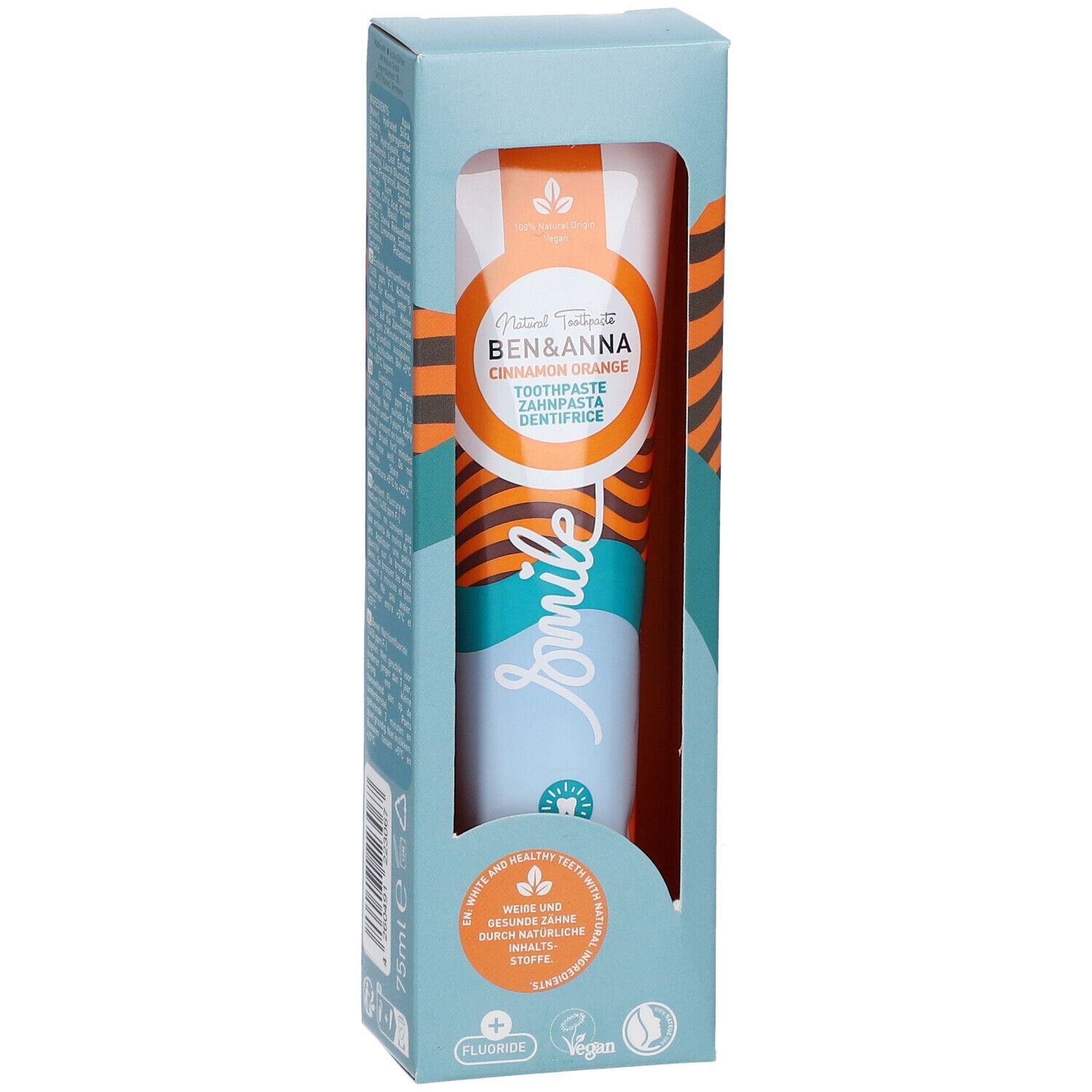 Dentifrice en boîte. Marque Ben & Anna, saveur Cinnamon Orange. Visible: tube, inscription 'smile', symbole fluor, 75ml.