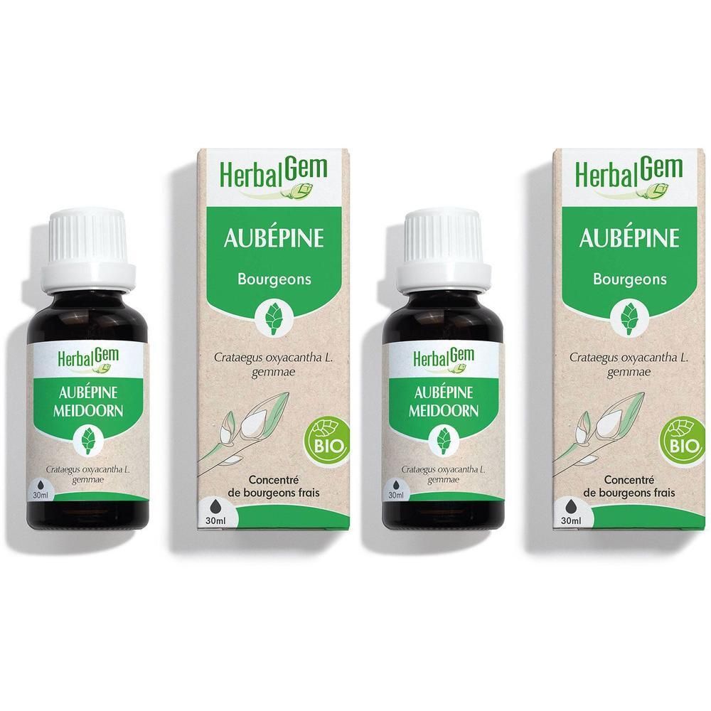 Trois flacons Herbalgem Aubépine, 30ml, avec emballage. Certification bio. Bouchon blanc, liquide brun.