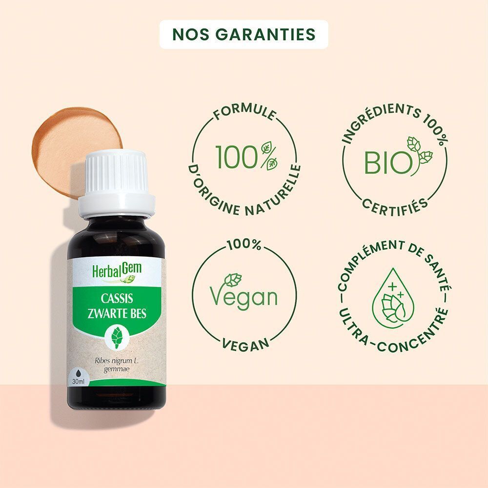Un flacon HerbalGem Cassis Bio. Logos: Formule 100% naturelle, certification bio, vegan, ultra-concentré.
