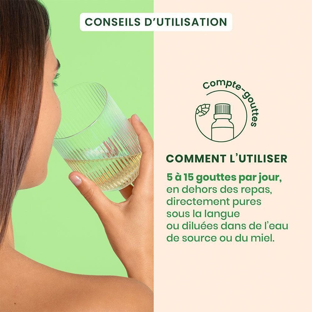 Femme buvant un liquide dans un verre. Texte : Comment utiliser : 5-15 gouttes par jour, diluées dans l'eau ou le miel.