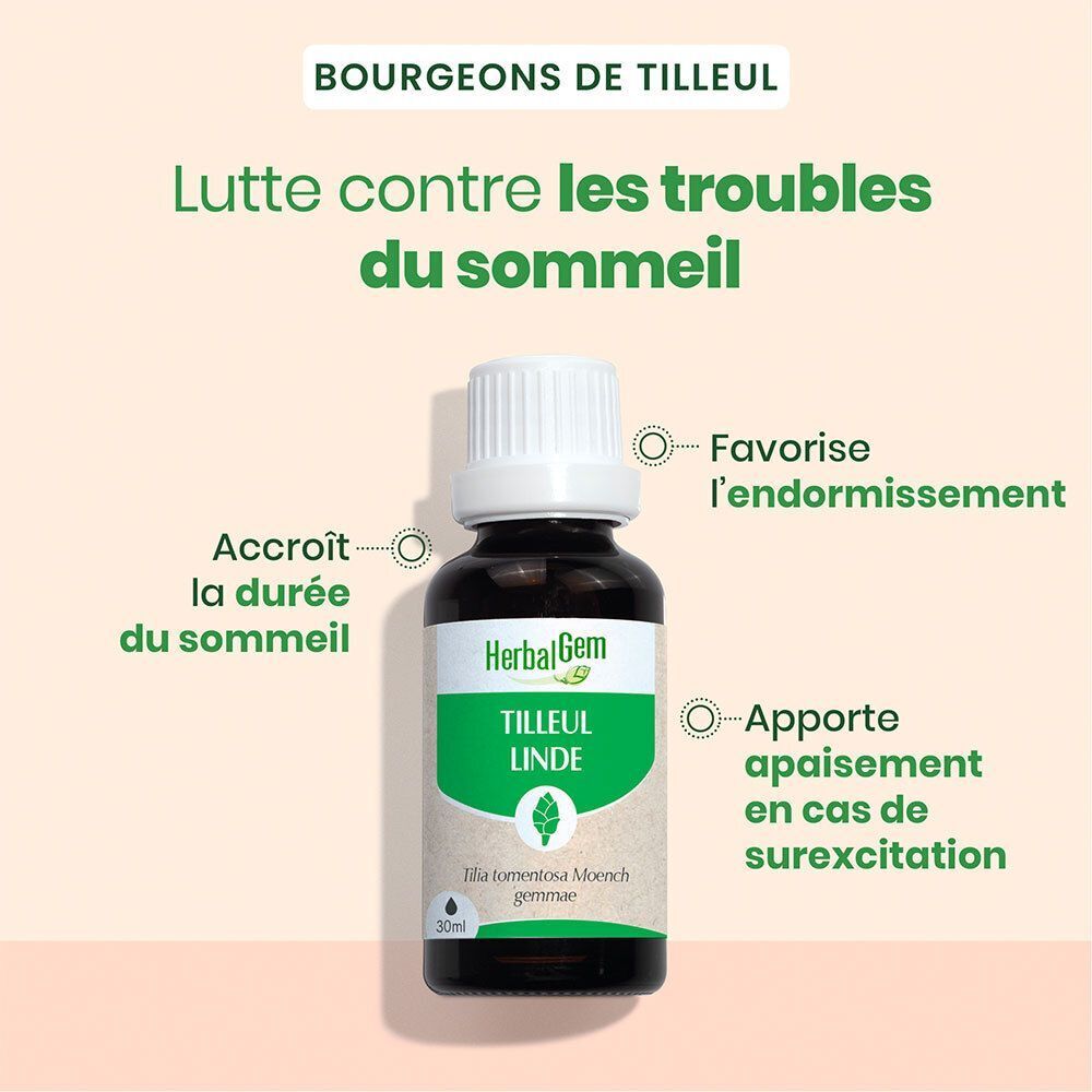 Un flacon HerbalGem Tilleul Linde avec texte et diagramme. Texte : Lutte contre les troubles du sommeil.