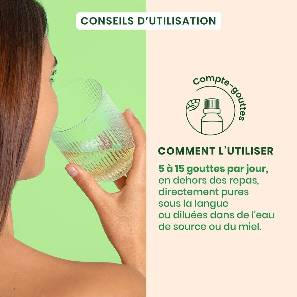 Femme buvant un liquide dans un verre. Texte : Comment l'utiliser : 5 à 15 gouttes par jour.