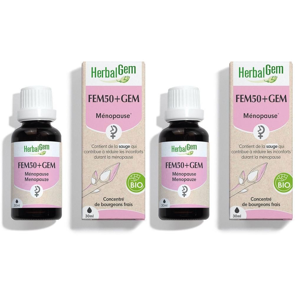 Trois flacons et boîtes de HerbalGem FEM50+GEM. Inscription: FEM50+GEM Ménopause, 30ml, certification Bio.