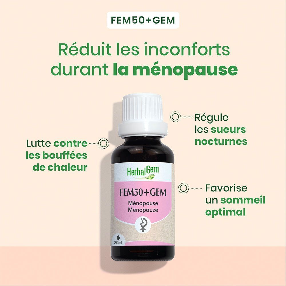 Flacon HerbalGem Fem50+Gem. Texte: Réduit les inconforts pendant la ménopause. Régule les sueurs nocturnes, favorise un sommeil optimal.