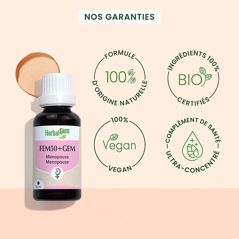 Flacon HerbalGem FEM50+GEM. Logos: Formule 100% naturelle, certification Bio, vegan, ultra-concentré.