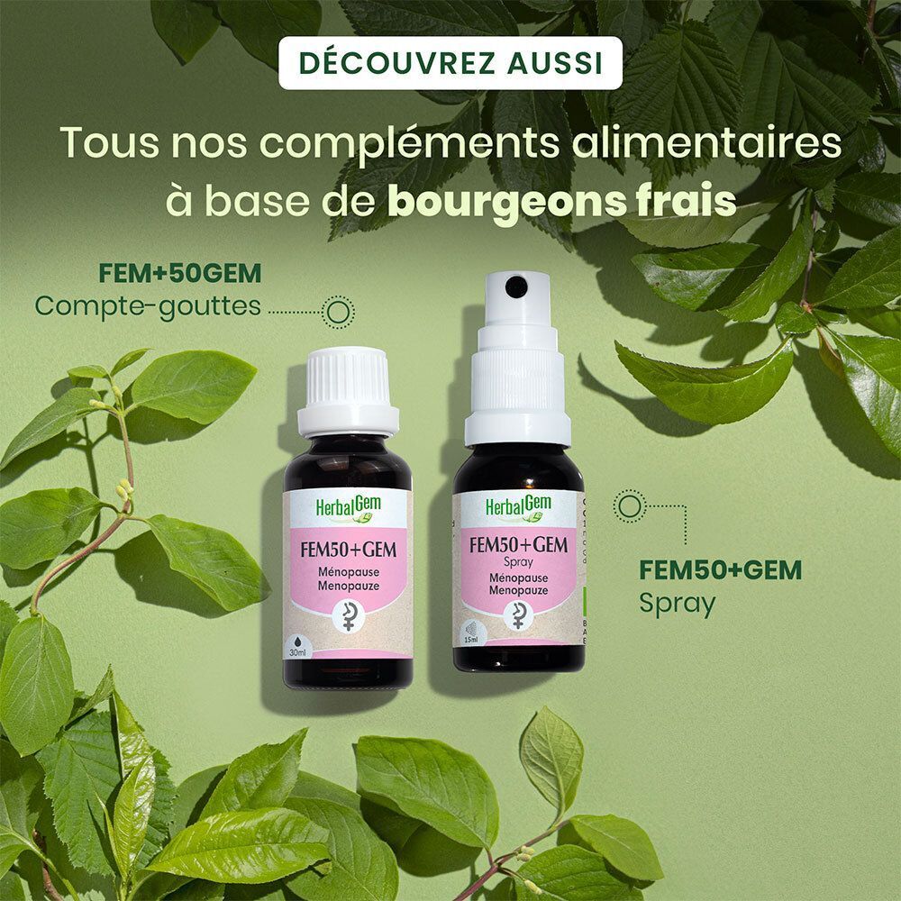 Deux flacons HerbalGem Fem50+Gem, un avec compte-gouttes, un avec spray. Texte: Tous nos compléments alimentaires à base de bourgeons frais.
