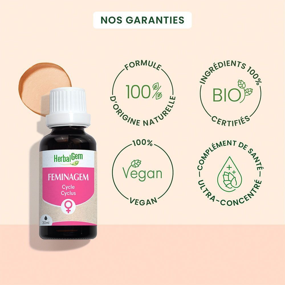 Flacon avec bouchon blanc et étiquette. Inscription: HerbalGem FEMINAGEM Cycle. Logos: 100% naturel, Bio, Vegan, Ultra-concentré.