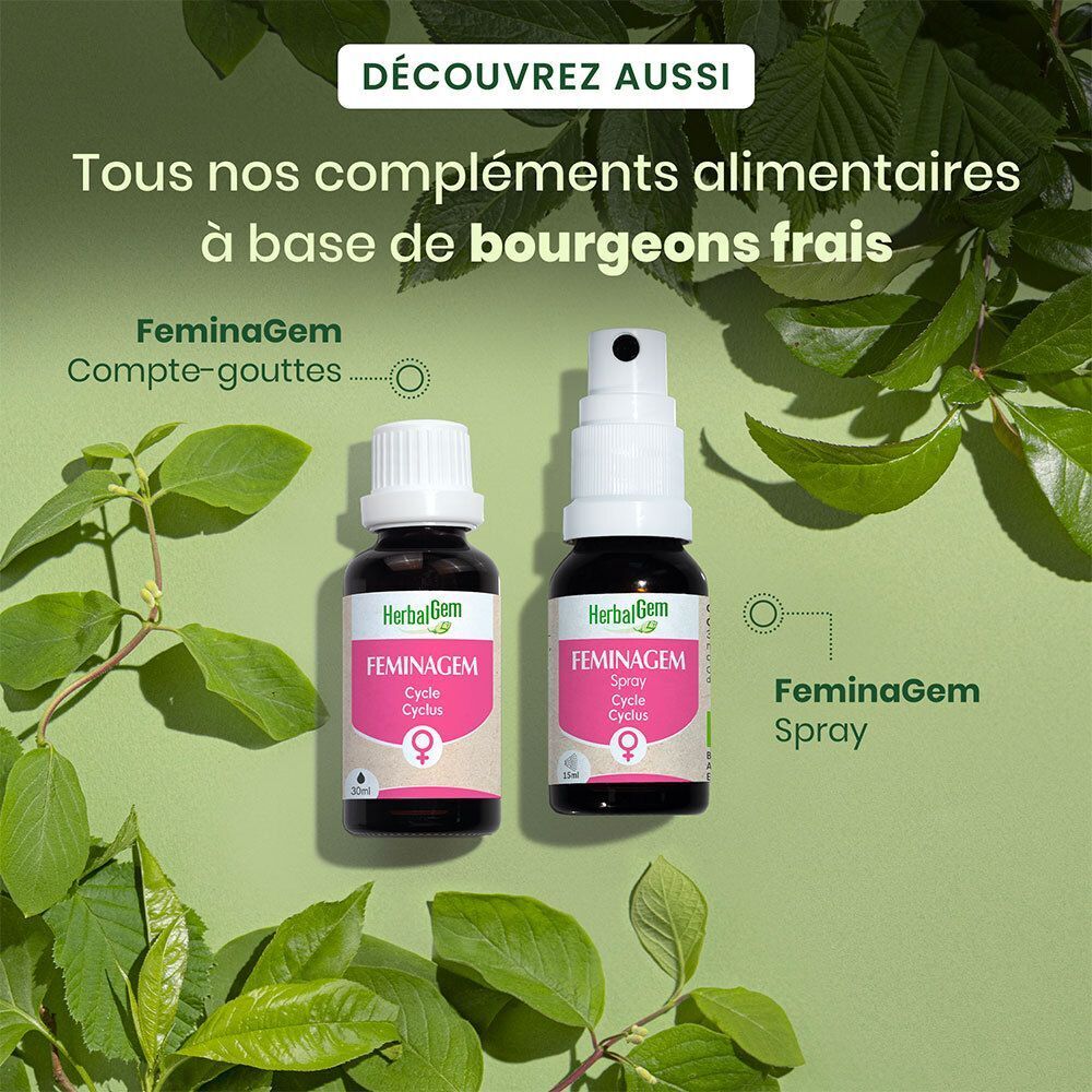 Deux flacons: HerbalGem FEMINAGEM, un avec compte-gouttes, un avec spray. Texte: Tous nos compléments alimentaires à base de bourgeons frais.