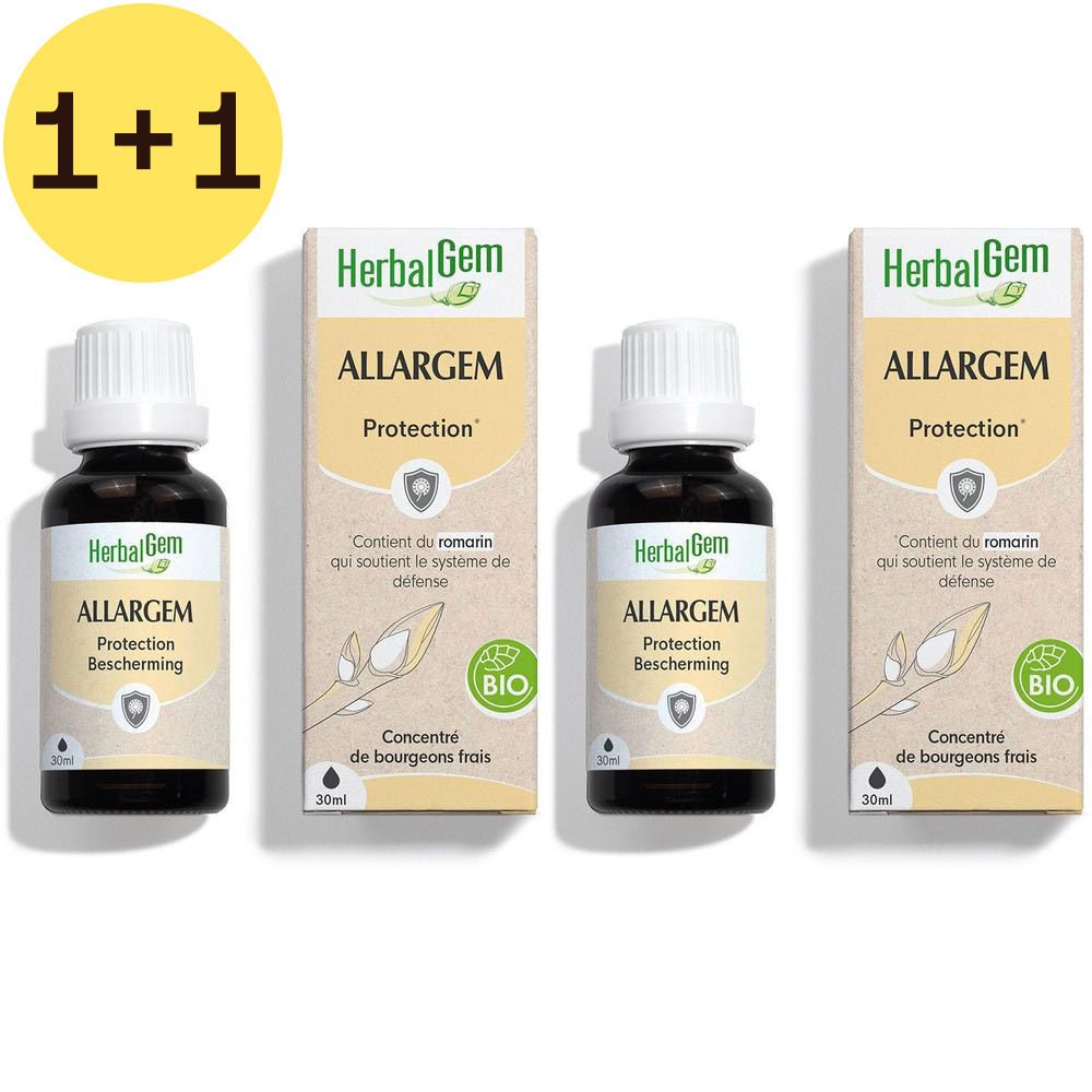 Deux flacons HerbalGem Allergem Bio. Flacons avec bouchon blanc et étiquette. Certification Bio.
