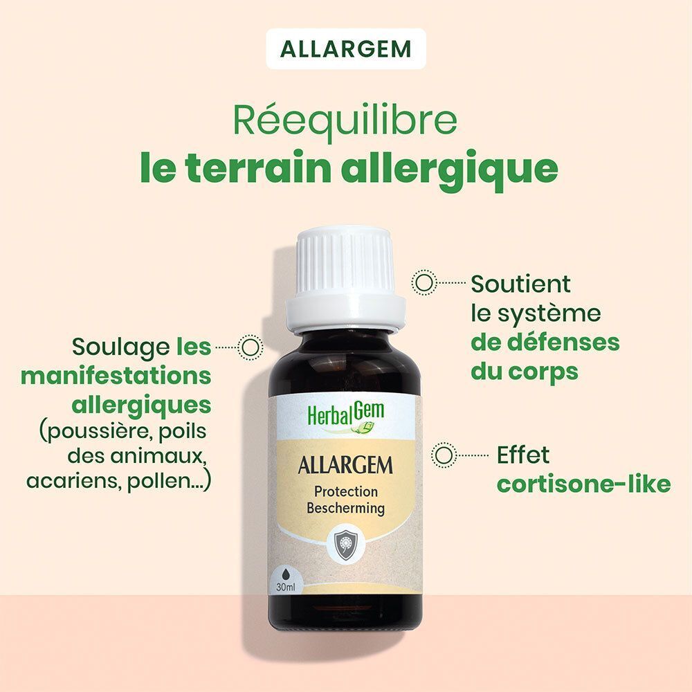 Flacon HerbalGem Allergem. Texte: Rééquilibre le terrain allergique. Soutient le système immunitaire. Effet cortisone-like.