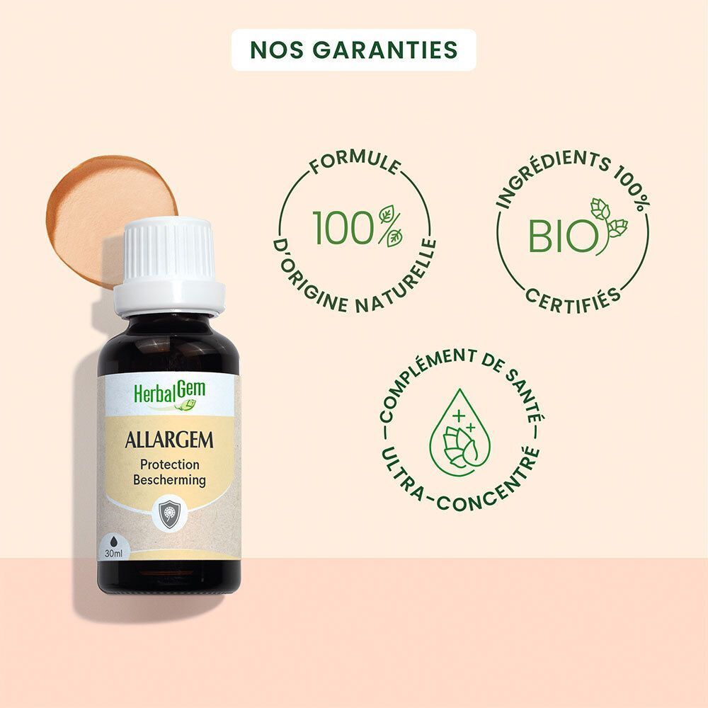 Flacon HerbalGem Allergem. Ingrédients 100% naturels. Certification Bio. Ultra-concentré. Complément de santé.