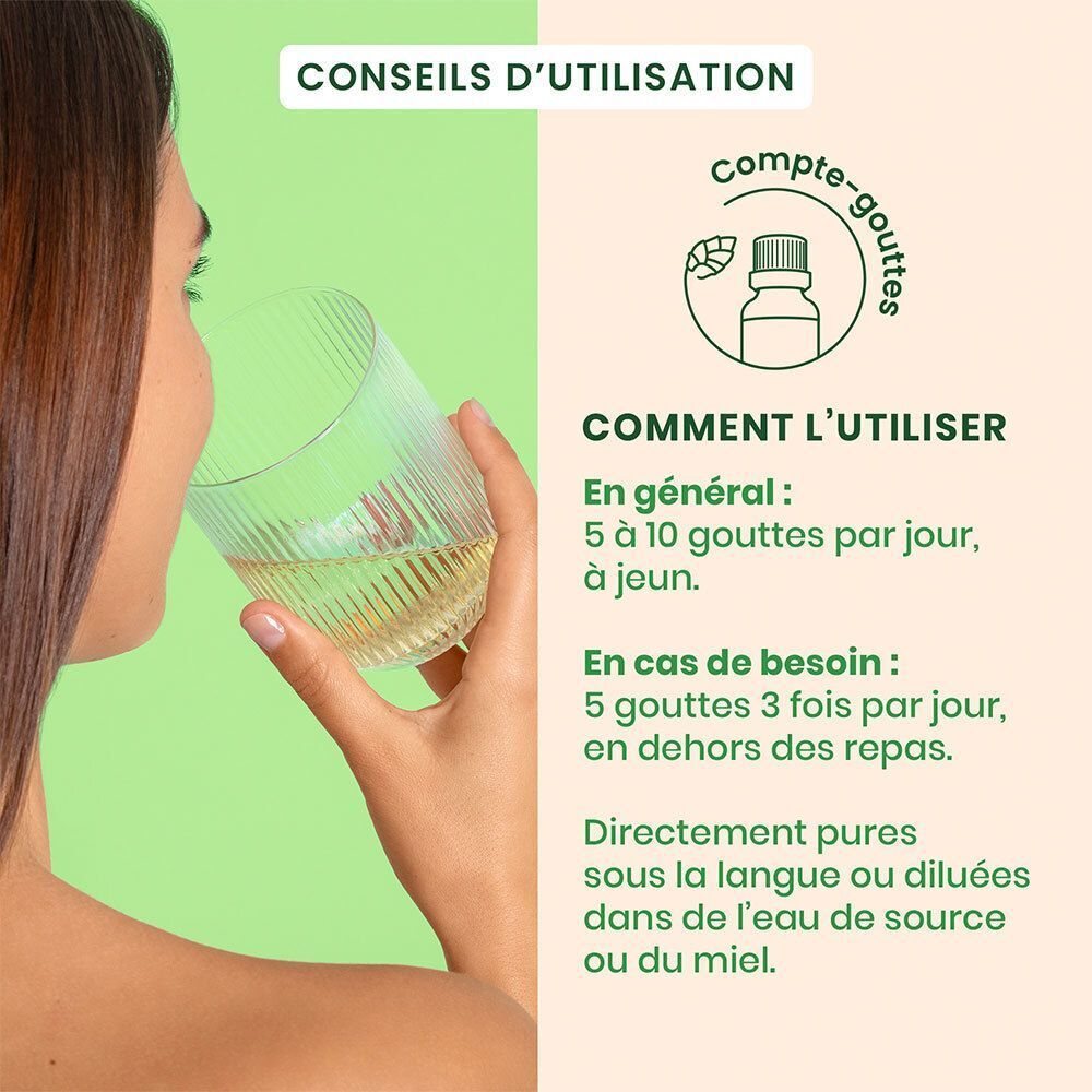 Femme buvant dans un verre. Mode d'emploi: 5-10 gouttes par jour, à jeun. Avec compte-gouttes.