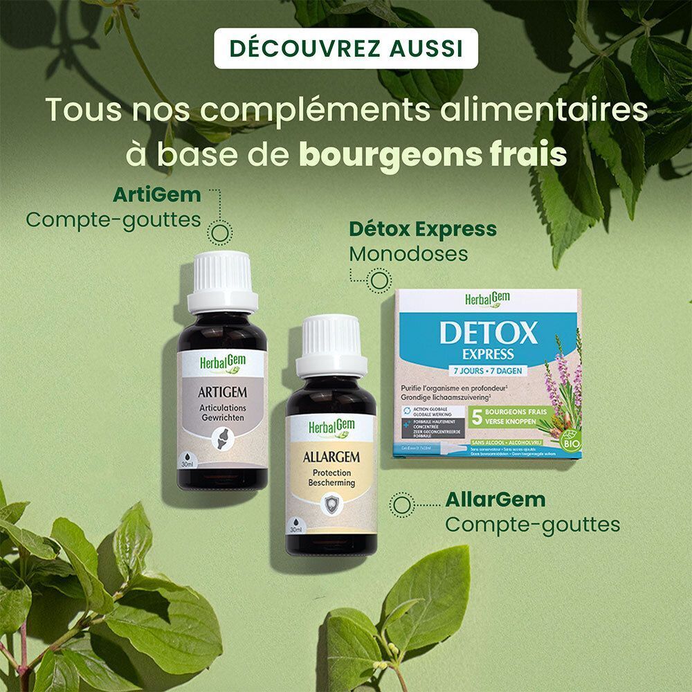 Flacons Artigem, Detox Express et Allergem. Tous à base de bourgeons frais. Avec compte-gouttes.