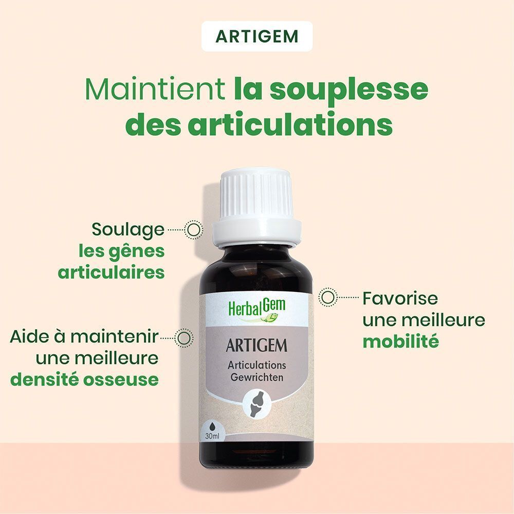 Flacon HerbalGem Artigem avec textes français sur la souplesse et la mobilité des articulations.