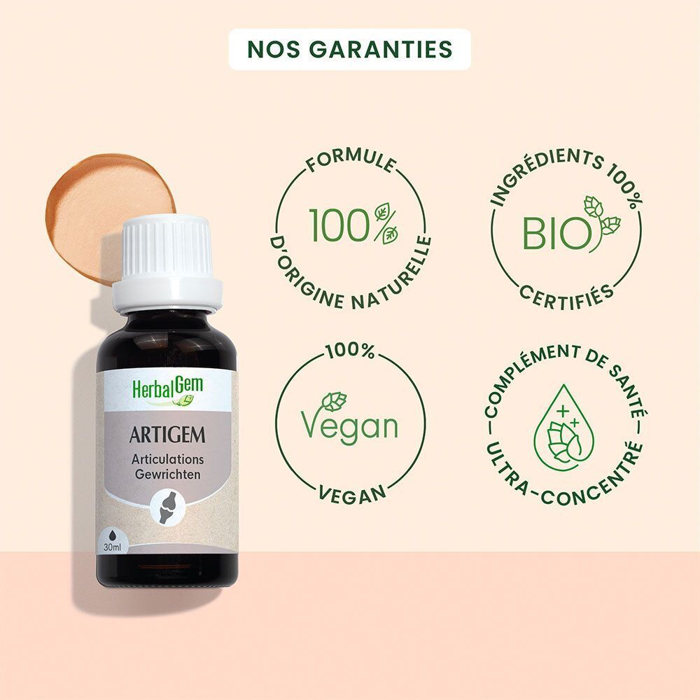 Flacon HerbalGem Artigem avec sceaux français pour la qualité Bio et formule vegan.