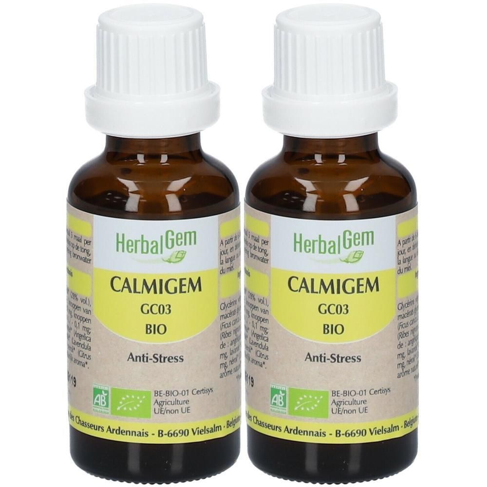 Deux flacons en verre brun avec bouchons blancs et étiquettes. Inscription: CALMIGEM BIO, Anti-Stress. Étiquette avec logo et texte.