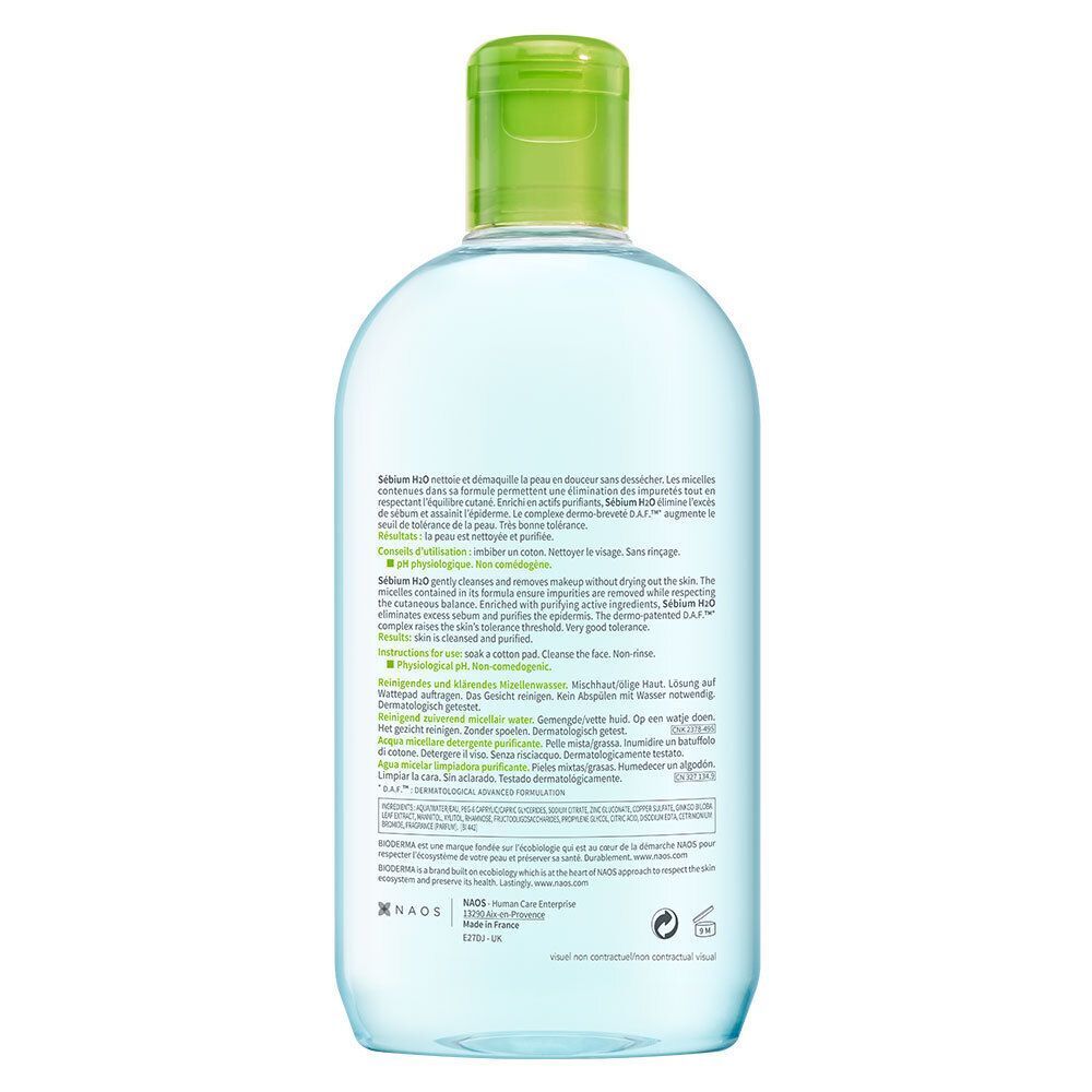 Dos d'un flacon avec bouchon vert. Texte multilingue. Inscription: BIODERMA Sébium H2O.