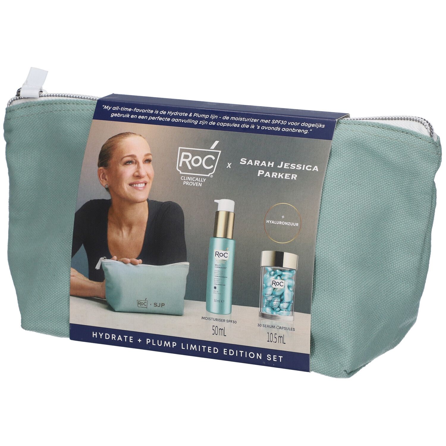 Trousse de cosmétiques avec produits. Inscription : RoC x Sarah Jessica Parker. Contient hydratant, capsules de sérum et petite trousse.