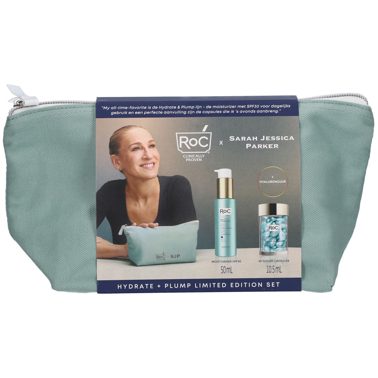 Trousse de cosmétiques avec produits. Inscription : RoC x Sarah Jessica Parker. Contient hydratant, capsules de sérum et petite trousse.