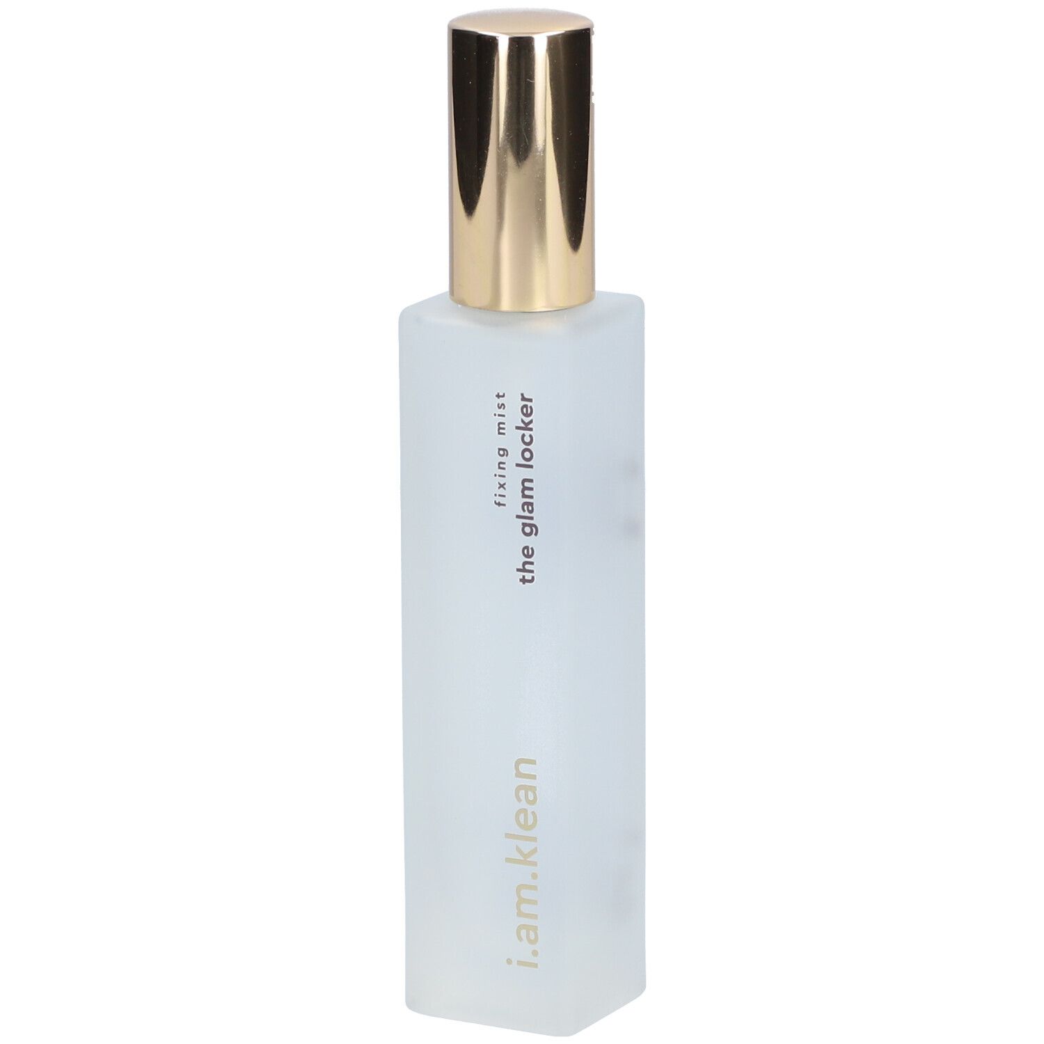 Vaporisateur transparent avec bouchon doré. Inscription : fixing mist, the glam locker, i.am.klean.