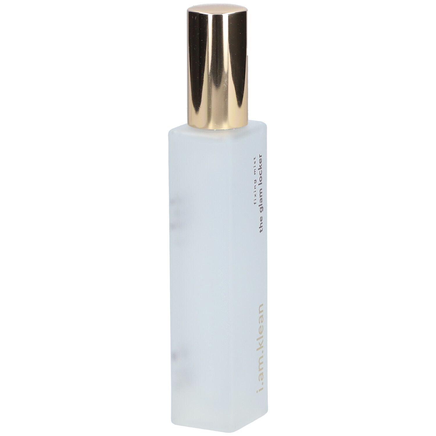 Vaporisateur transparent avec bouchon doré. Inscription : fixing mist, the glam locker, i.am.klean.