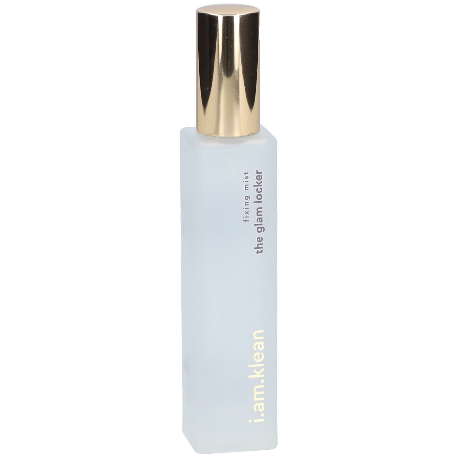 Vaporisateur transparent avec bouchon doré. Inscription : fixing mist, the glam locker, i.am.klean.