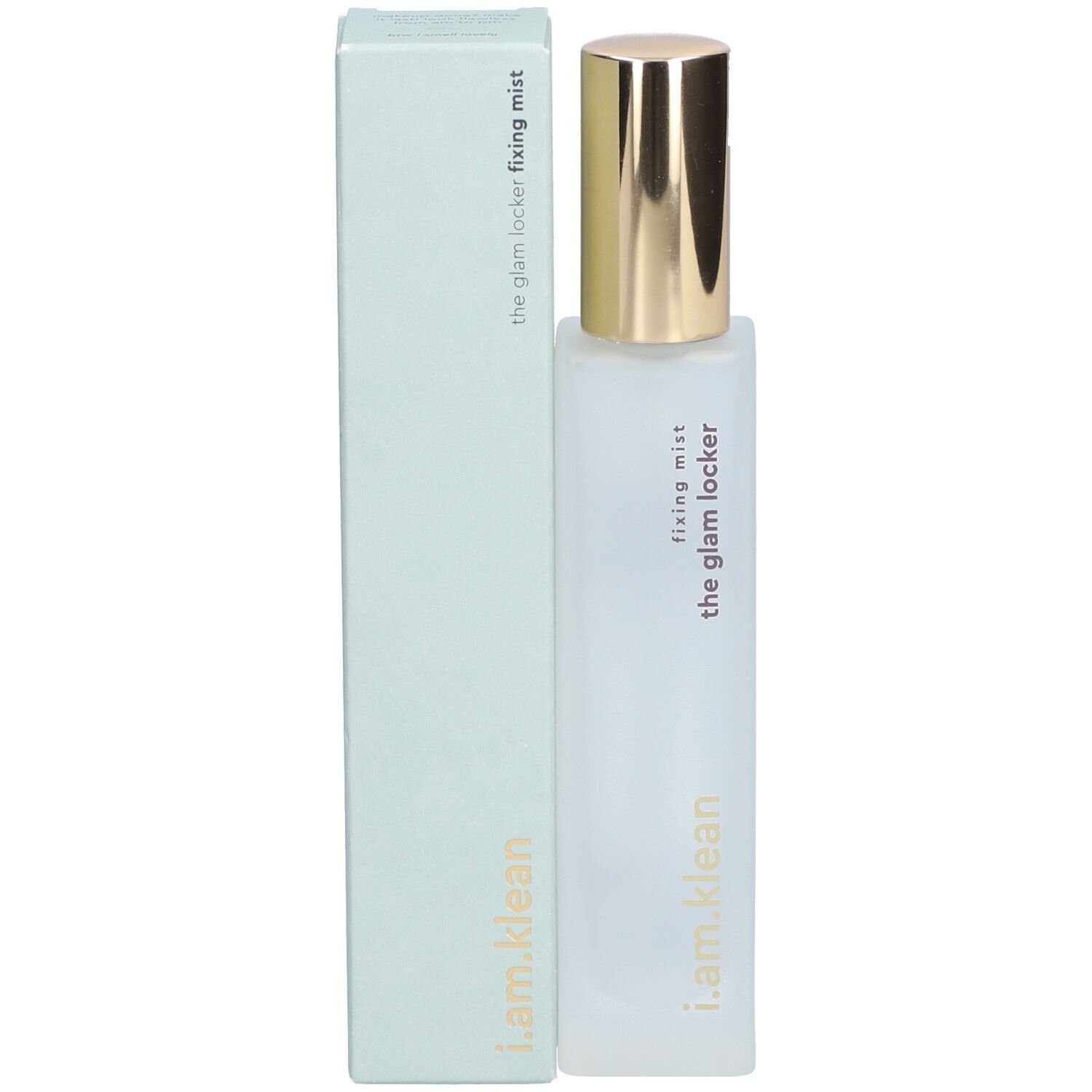 Vaporisateur avec bouchon doré et emballage. Inscription : fixing mist, the glam locker, i.am.klean.