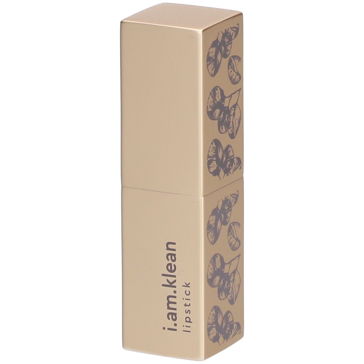 Tube de rouge à lèvres doré avec motif floral violet. Inscription : i.am.klean lipstick.