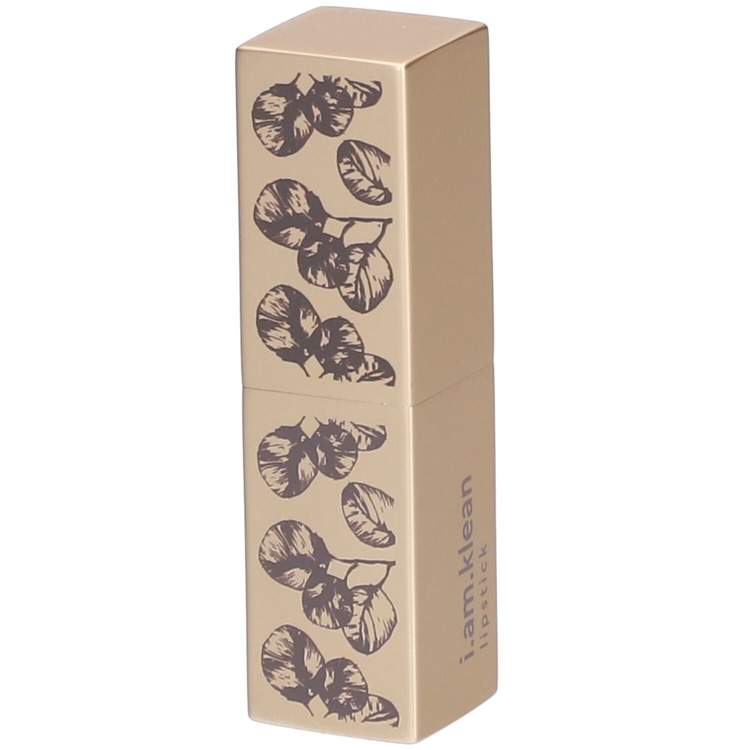 Tube de rouge à lèvres doré avec motif de feuilles violettes. Inscription : i.am.klean lipstick.