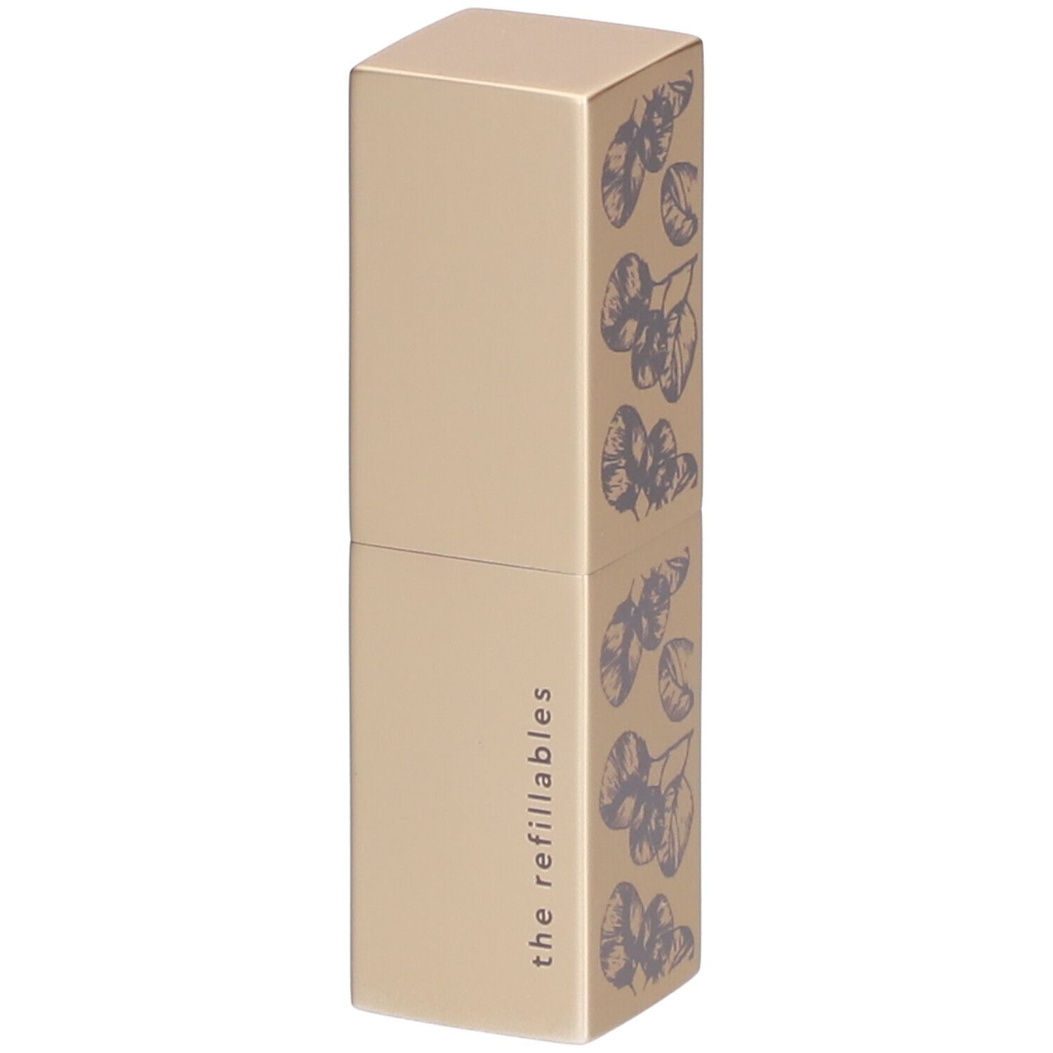 Tube de rouge à lèvres doré avec motif floral violet. Inscription : the refillables.