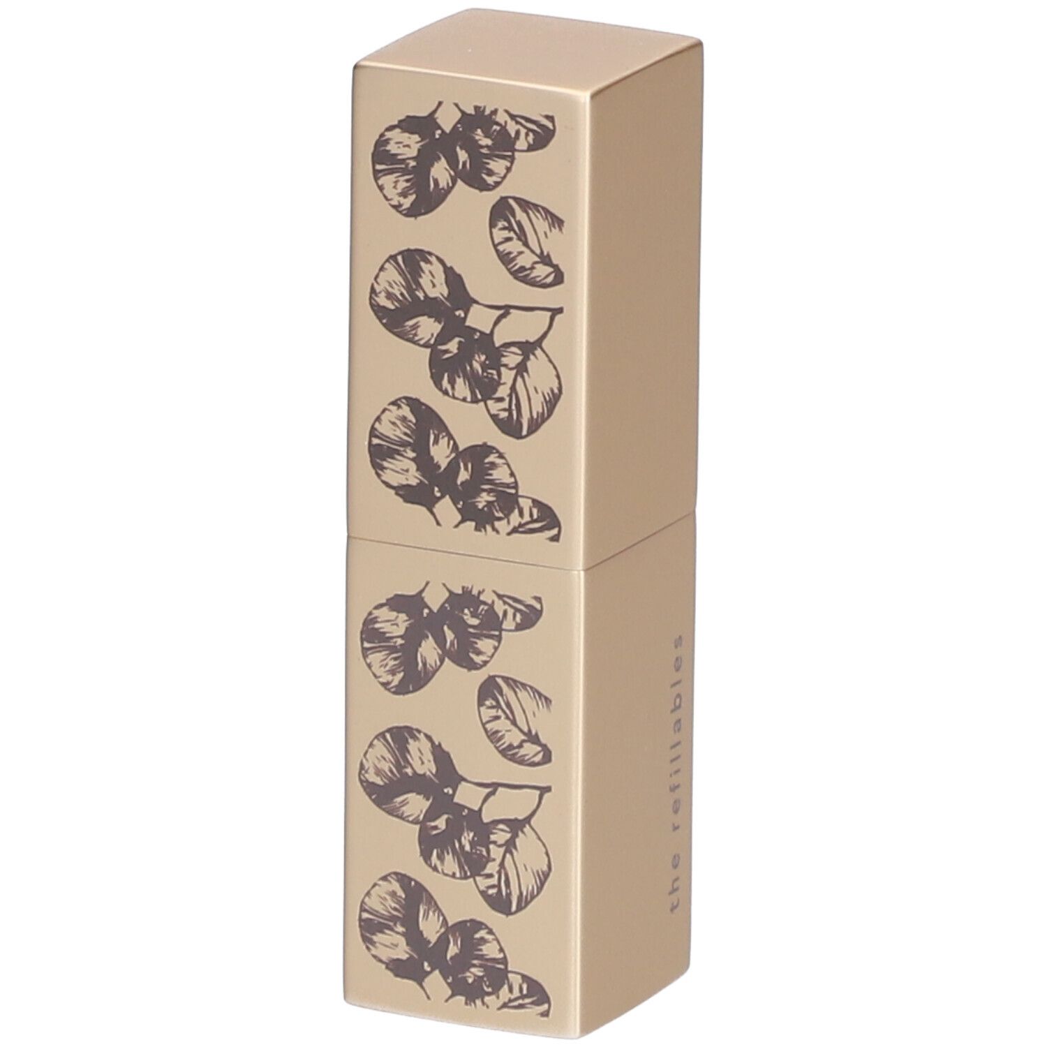 Tube de rouge à lèvres doré avec motif de feuilles violettes. Inscription : the refillables.