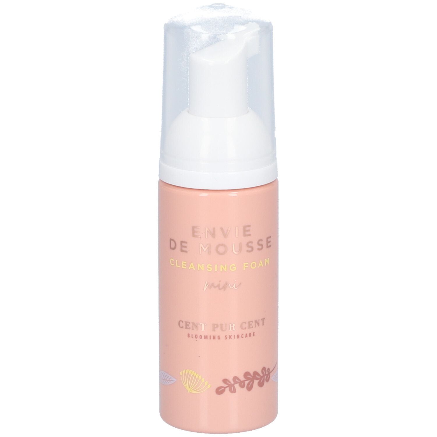 Flacon rose avec pompe blanche. Inscription : Envie de Mousse, Cleansing Foam, Cent Pur Cent.