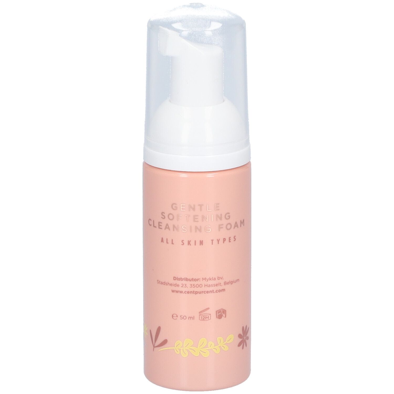 Flacon rose avec pompe blanche. Inscription : Gentle Softening Cleansing Foam, tous types de peau.