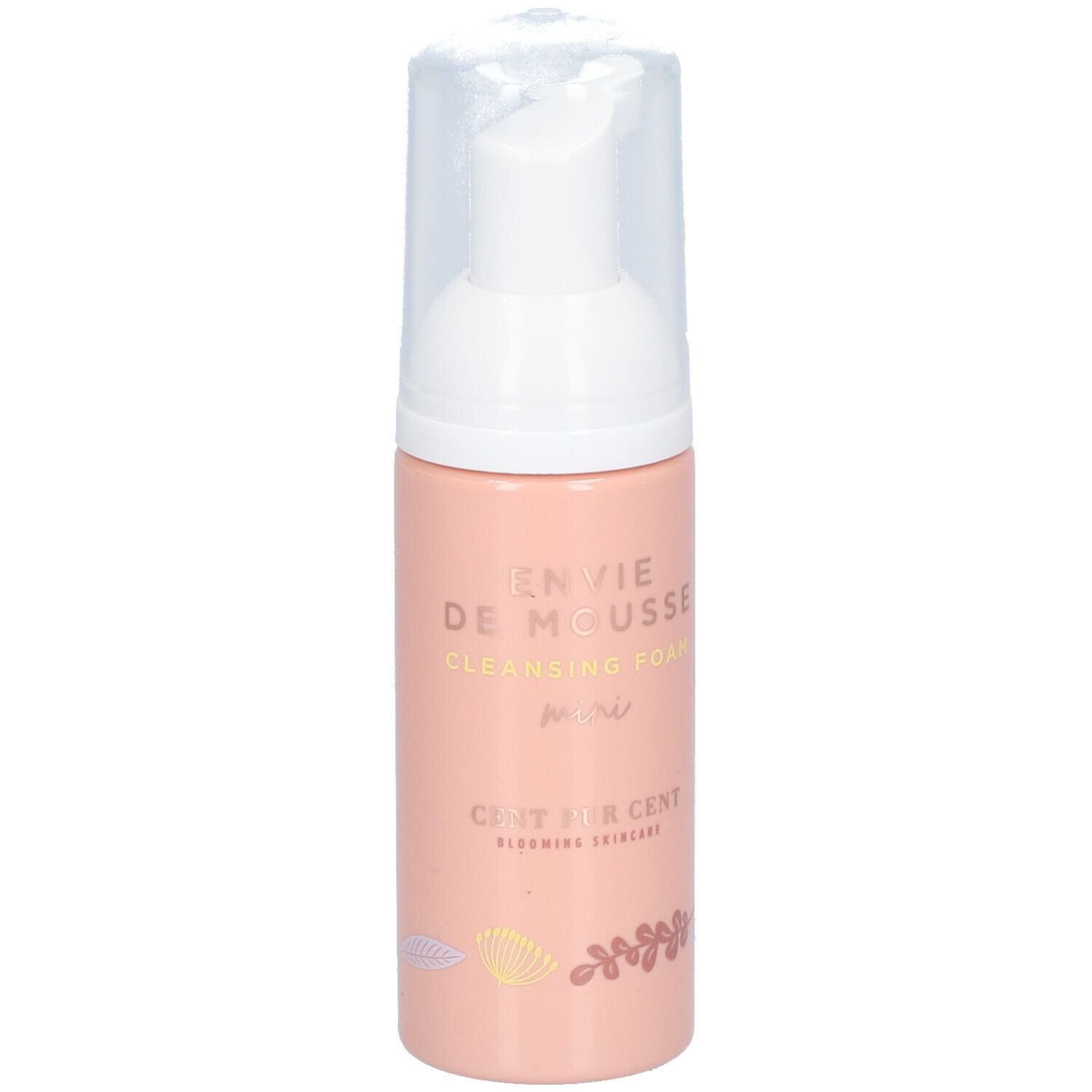 Flacon rose avec pompe blanche. Inscription : Envie de Mousse, Cleansing Foam, Cent Pur Cent.