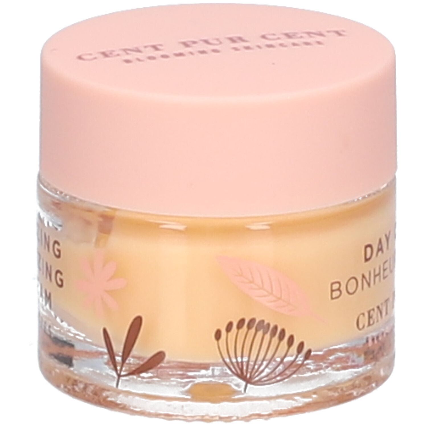 Pot de crème de jour. Inscription: DAY CREAM, BONHEUR DU JOUR, CENT PUR CENT. Couvercle rose, pot transparent.