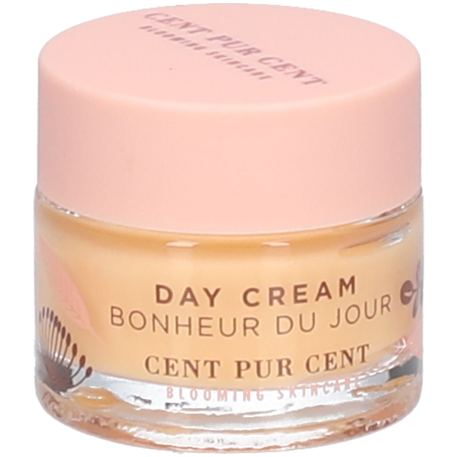 Pot de crème de jour. Inscription: DAY CREAM, BONHEUR DU JOUR, CENT PUR CENT. Couvercle rose, pot transparent.