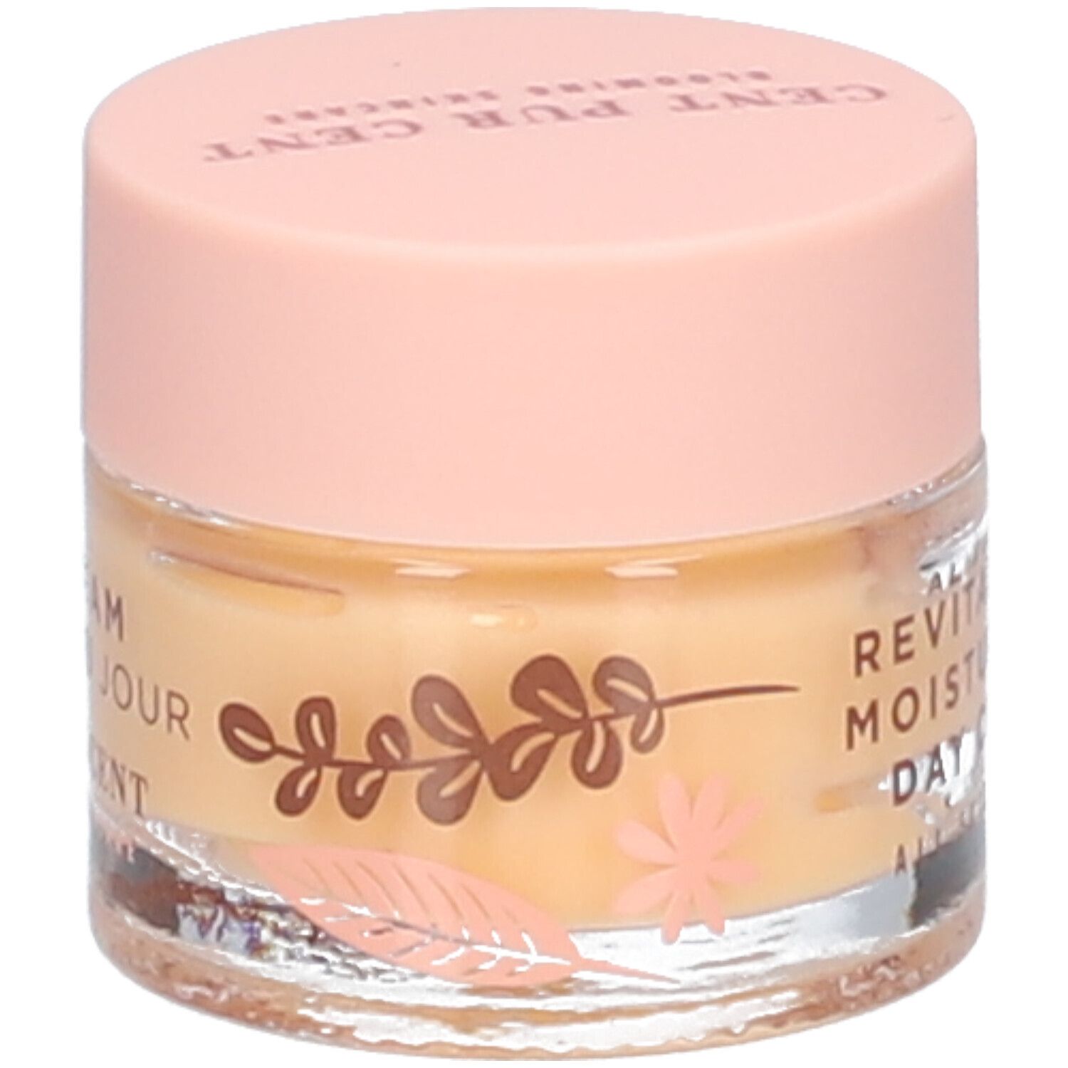 Pot de crème de jour. Inscription: REVITALIZING MOISTURIZING DAY CREAM. Couvercle rose, pot transparent.