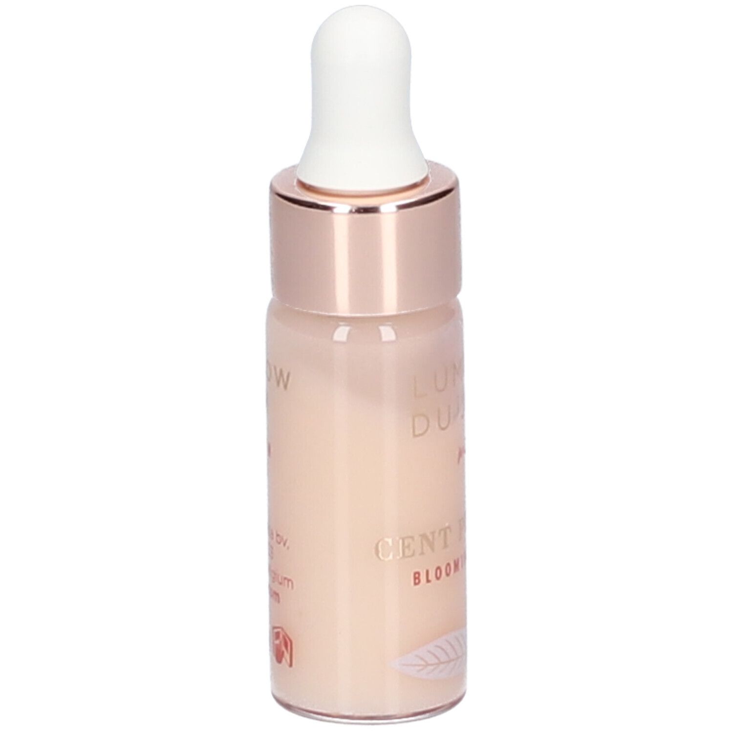 Petite bouteille avec pipette. Inscription : Lumière du Jour, Cent Pur Cent Blooming Skincare. Vue du produit.