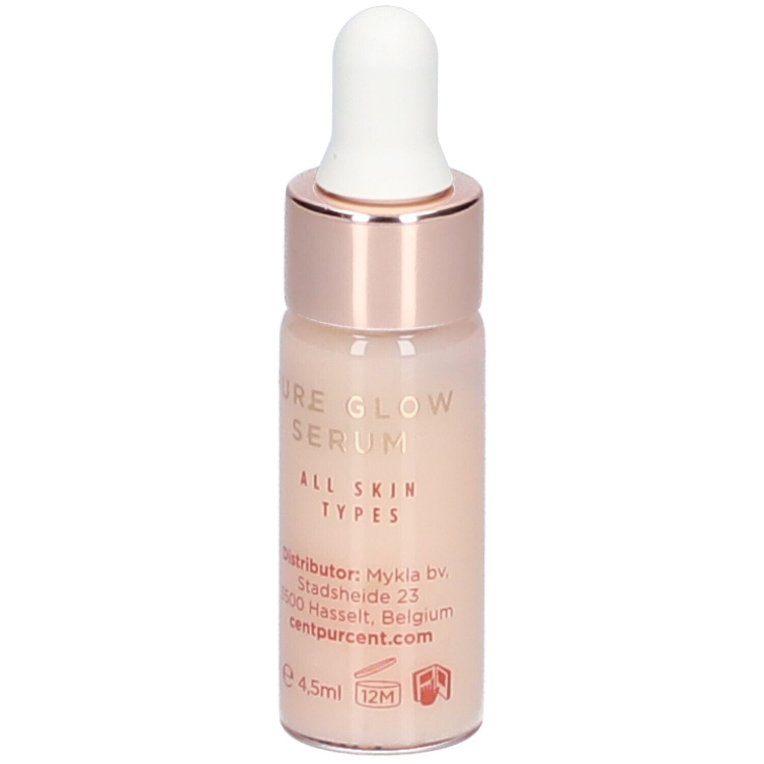 Petite bouteille avec pipette. Inscription : Pure Glow Serum, All Skin Types. Informations fabricant. 4,5ml.
