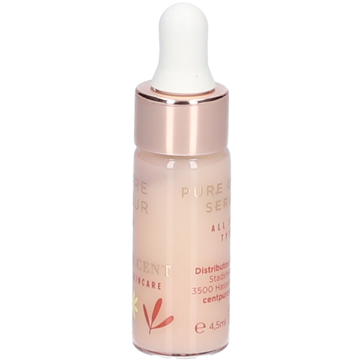 Petite bouteille avec pipette. Inscription : Pure Glow Serum, Cent Pur Cent Skincare. Informations fabricant. 4,5ml.