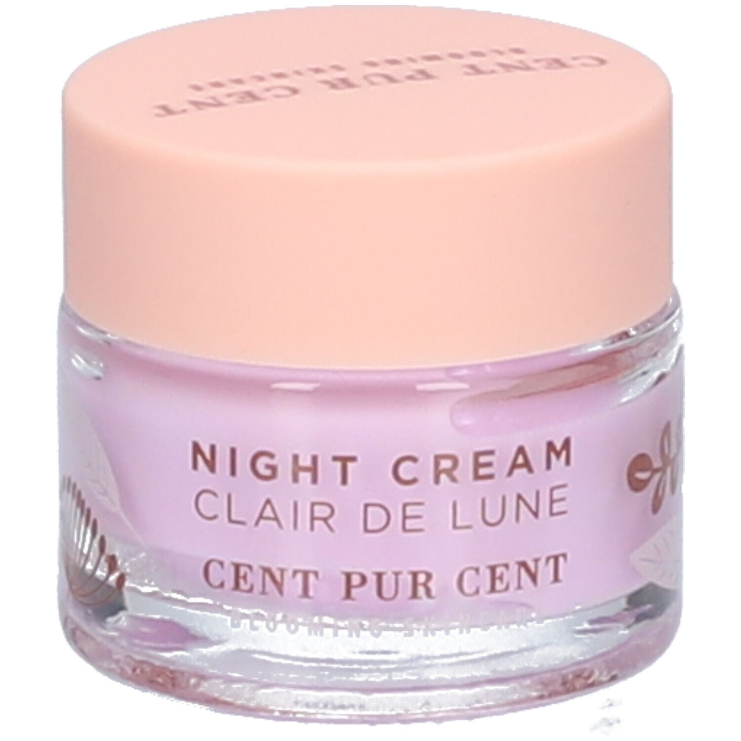 Pot de crème avec couvercle rose. Inscription "NIGHT CREAM Clair de Lune CENT PUR CENT" sur le pot.