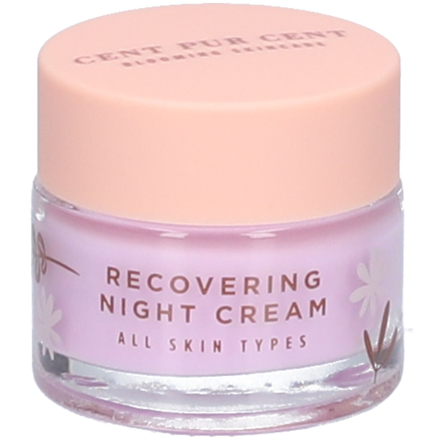 Pot de crème avec couvercle rose. Inscription "RECOVERING NIGHT CREAM ALL SKIN TYPES" sur le pot.
