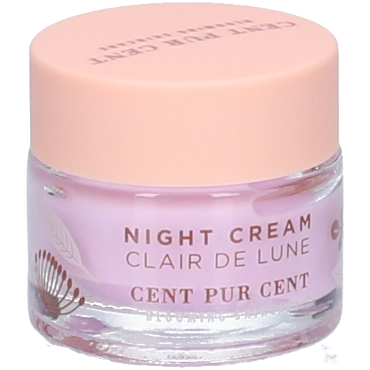Pot de crème avec couvercle rose. Inscription "NIGHT CREAM Clair de Lune CENT PUR CENT" sur le pot.