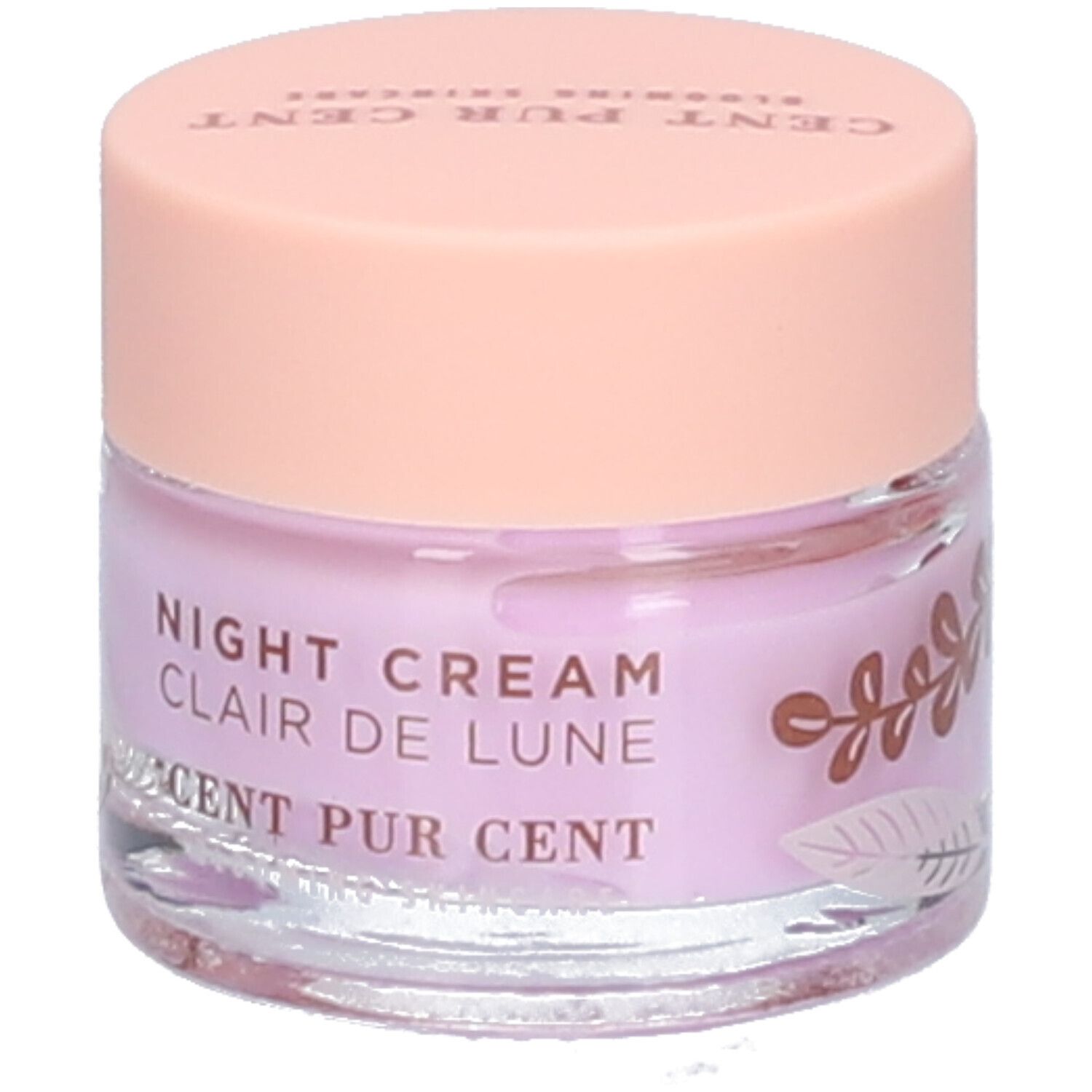 Pot de crème avec couvercle rose. Inscription "NIGHT CREAM Clair de Lune CENT PUR CENT" sur le pot.
