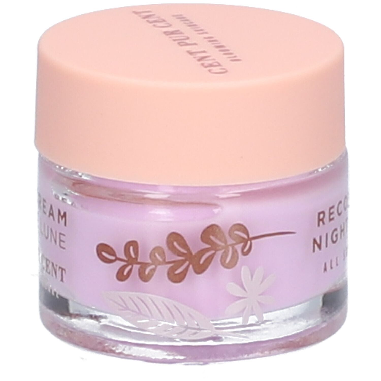 Pot de crème avec couvercle rose. Inscription "RECOVERING NIGHT CREAM ALL SKIN TYPES" sur le pot.